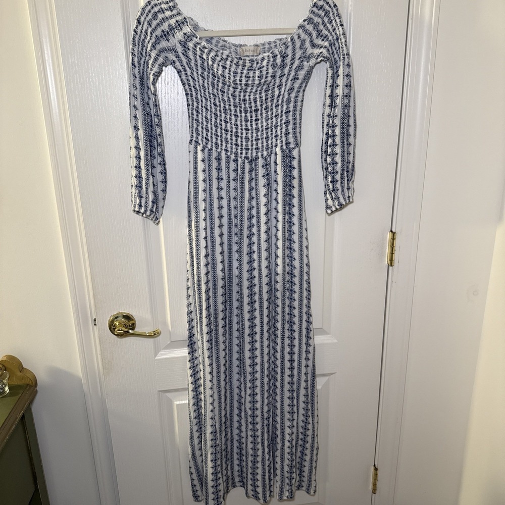 Altar'd State Boho Maxi Dress Small Blue White Border Print Smocked Off Shoulder